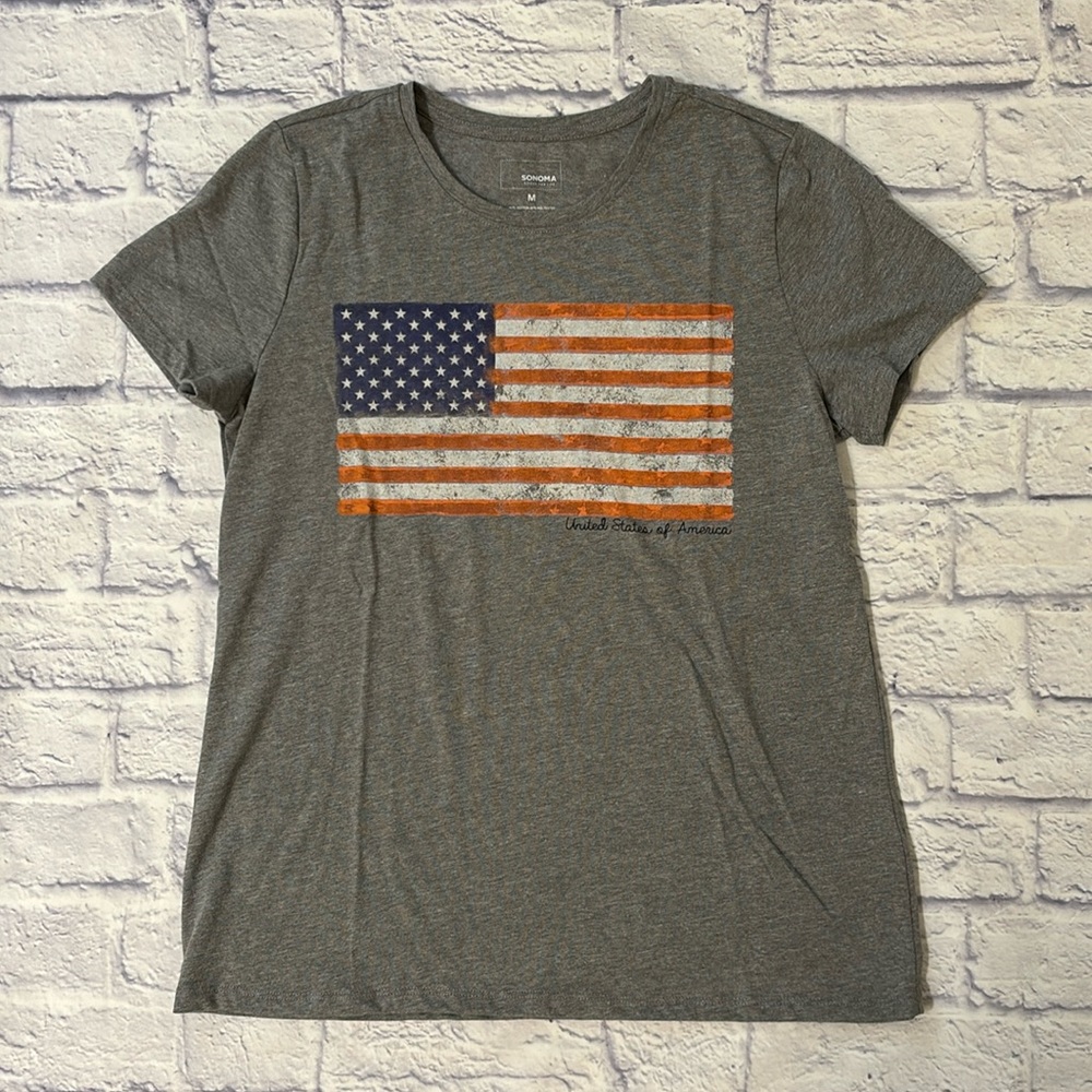 Sonoma Patriotic USA Flag Graphic Gray Tee Shirt Short Sleeves - Size Medium NWT